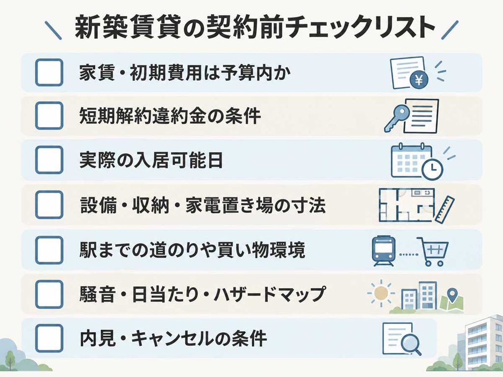 新築賃貸の契約前チェックリスト。家賃と初期費用、短期解約違約金、入居可能日、設備の寸法、内見やキャンセルの条件、駅までの道のり、周辺環境を確認